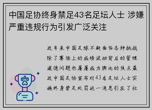中国足协终身禁足43名足坛人士 涉嫌严重违规行为引发广泛关注