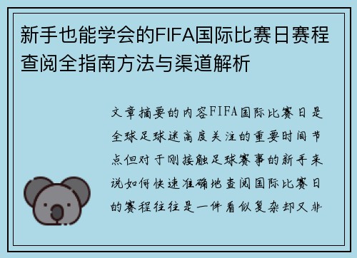 新手也能学会的FIFA国际比赛日赛程查阅全指南方法与渠道解析